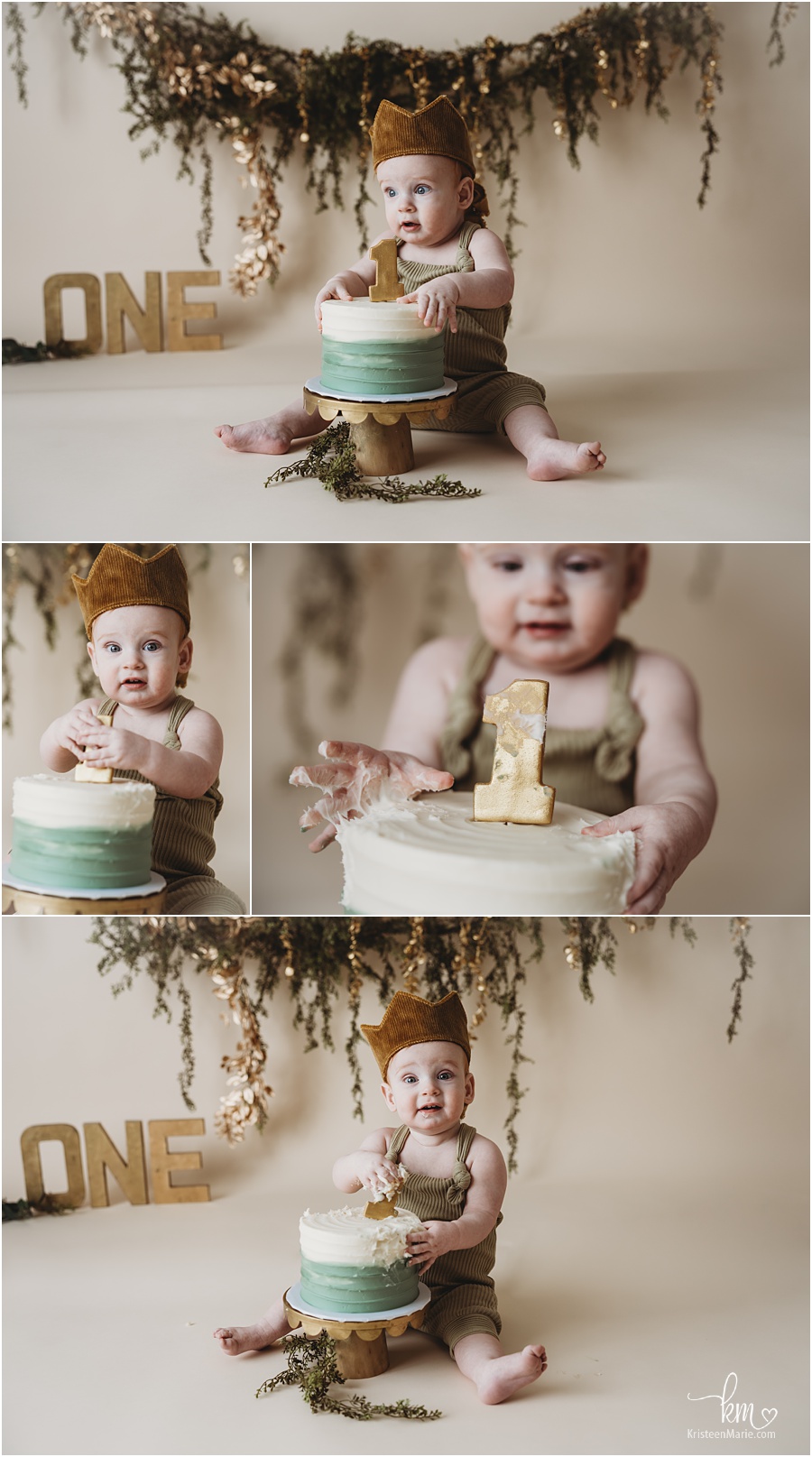 birthday boy smashing cake - greenery and gold cake smash session