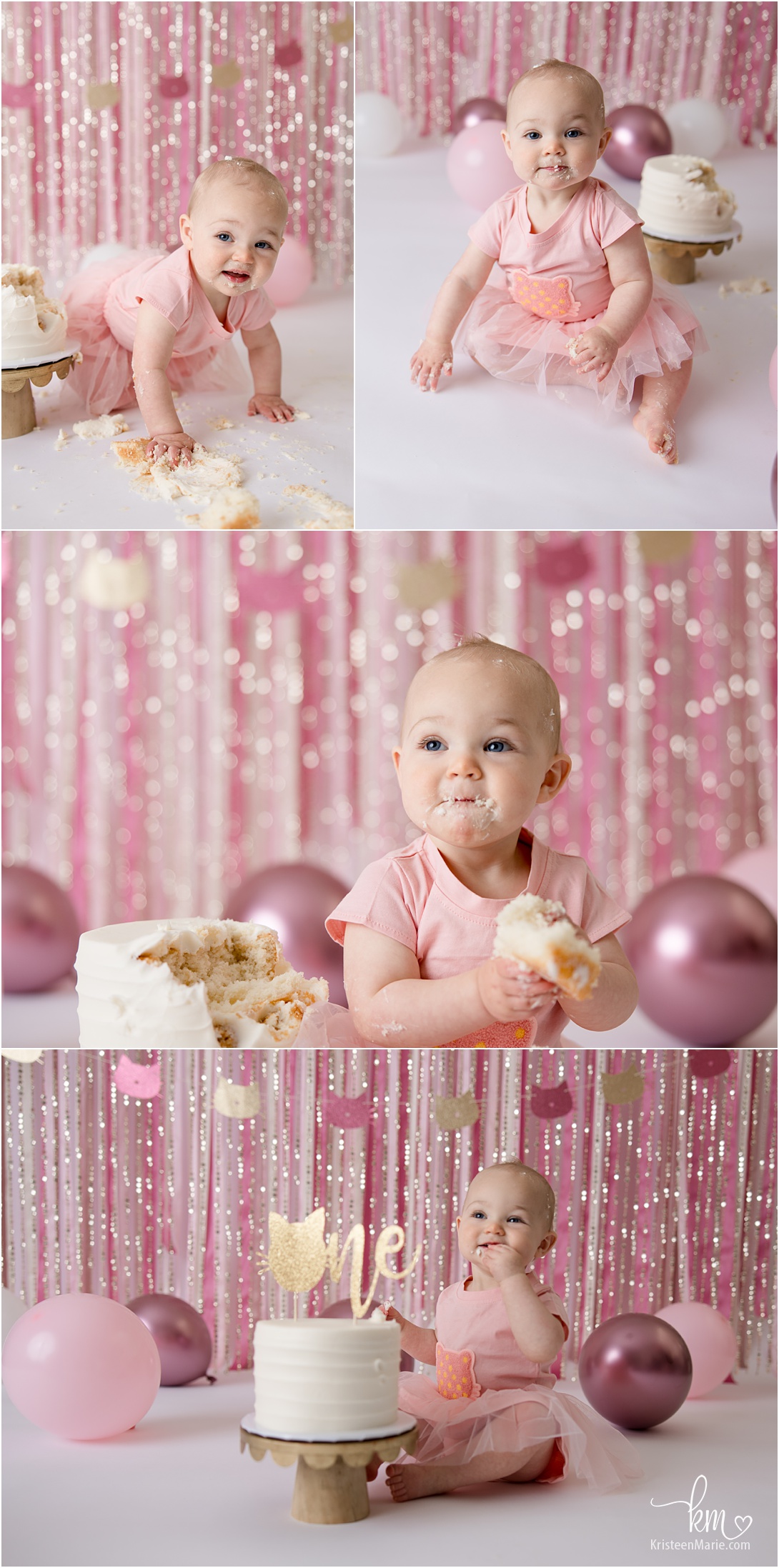 Pink and gold kitty cat 1st birthday party - cake smash photography