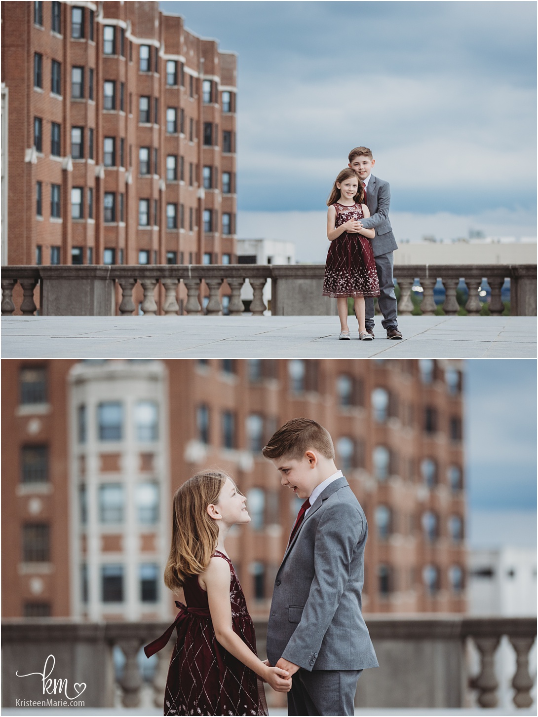 siblings holding hands with Indianapolis skyline as the backdrop