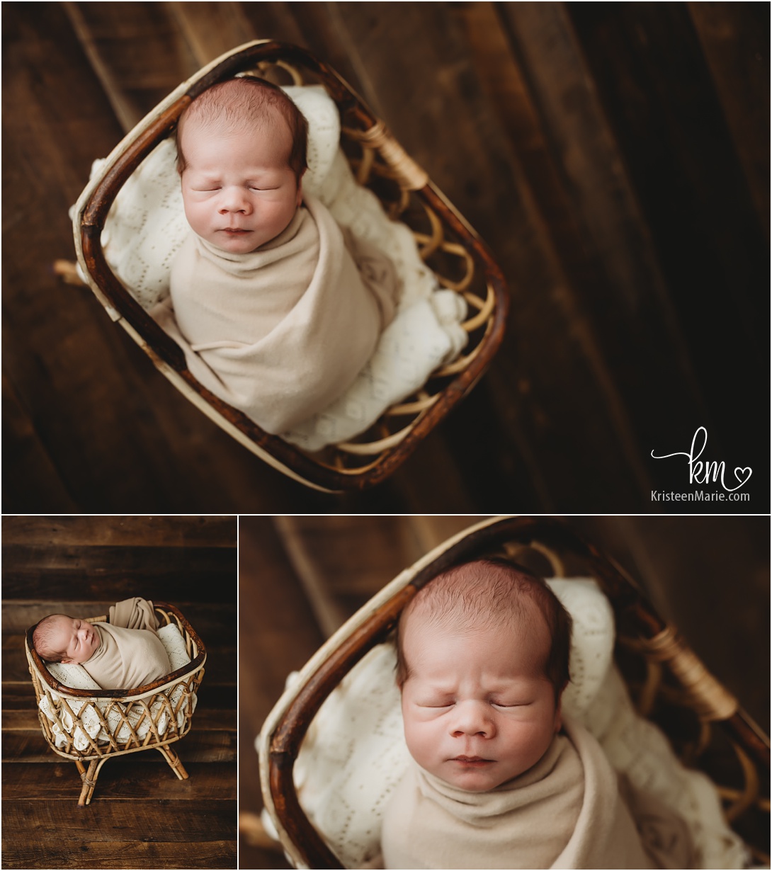 baby in bamboo crate - moody newborn photography