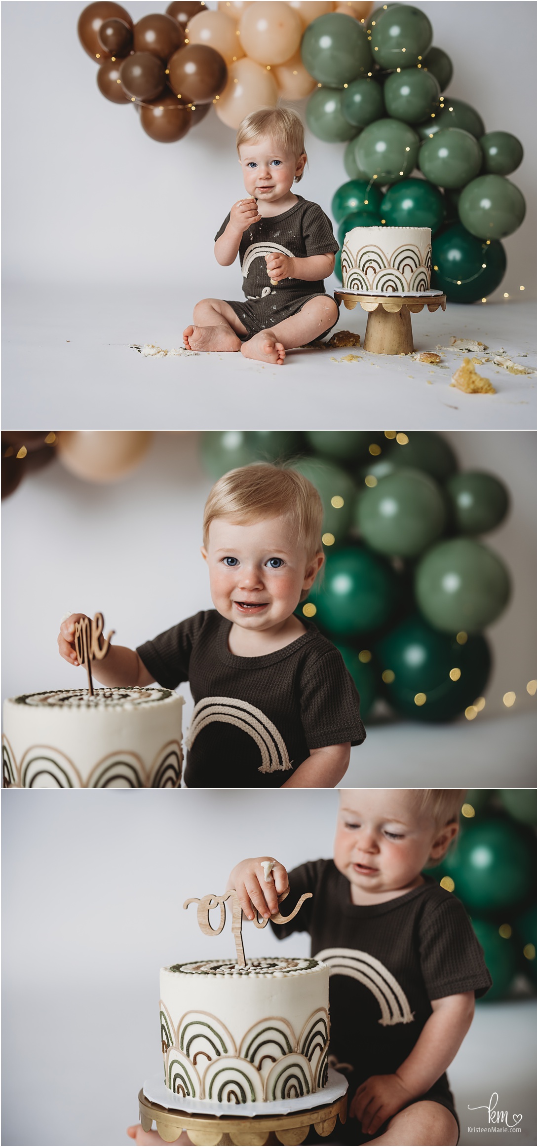 green balloon garland with twinkle lights - green rainbow cake smash session