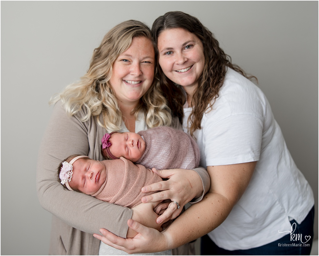Two moms and their twin newborn girls - same sex couple newborn photography