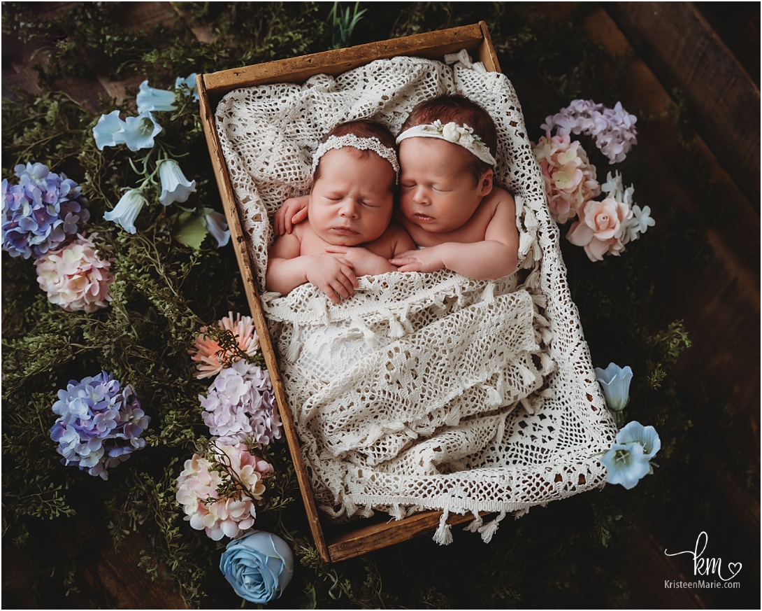 sleeping newborn twin girls in a bed of flowers and lace - Indianapolis newborn twin photography