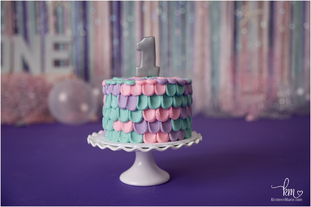 Pink, purple and teal 1st birthday smash cake