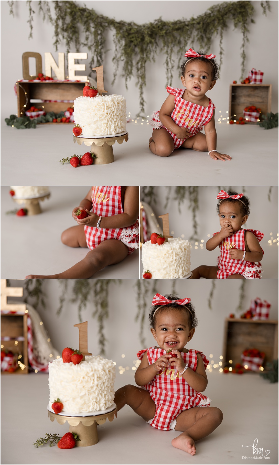 Strawberry shortcake themed 1st birthday cake smash photography session