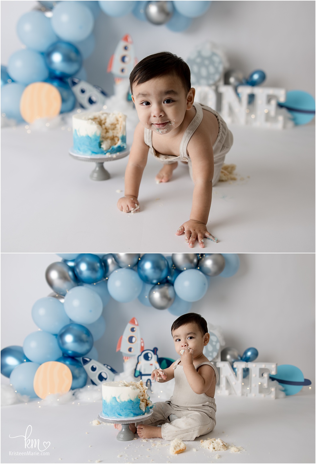 Space themed first birthday cake smash session - KristeenMarie Photography