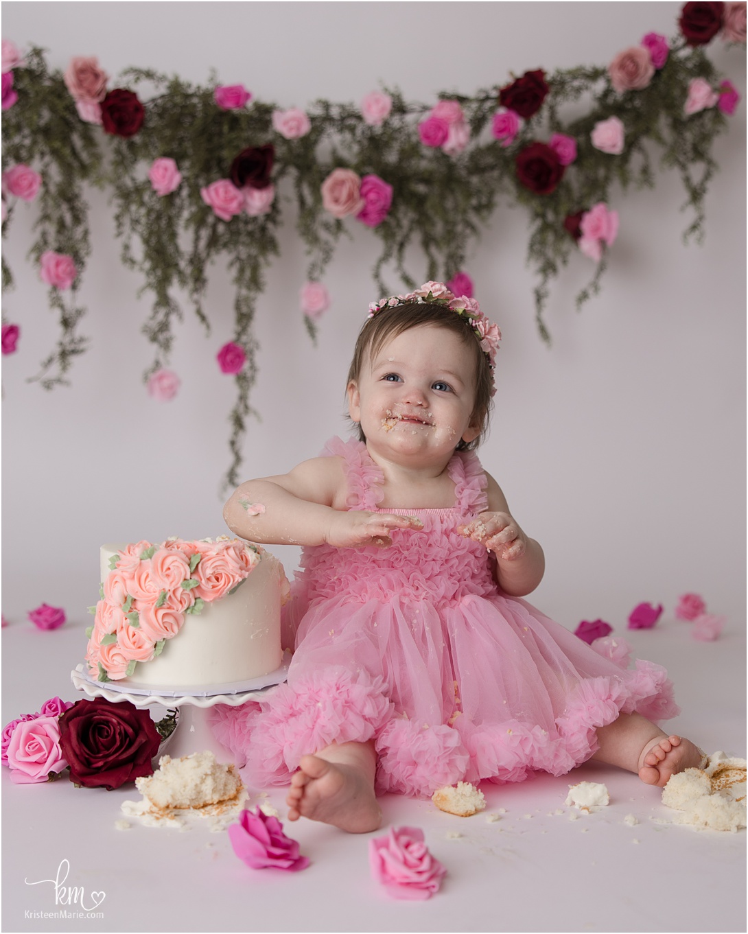 Pink and red roses 1st birthday cake smash photography session