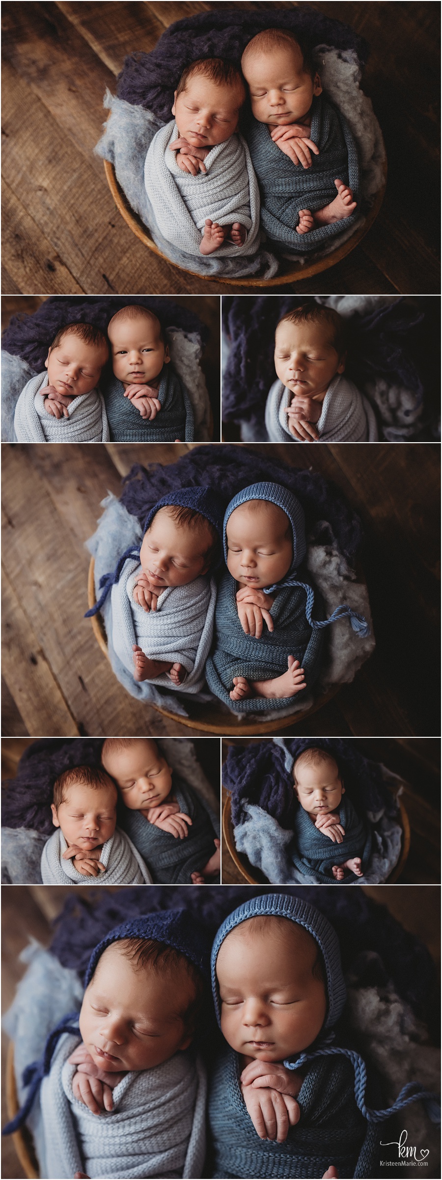 twin newborn boys - blue and rustic set-up