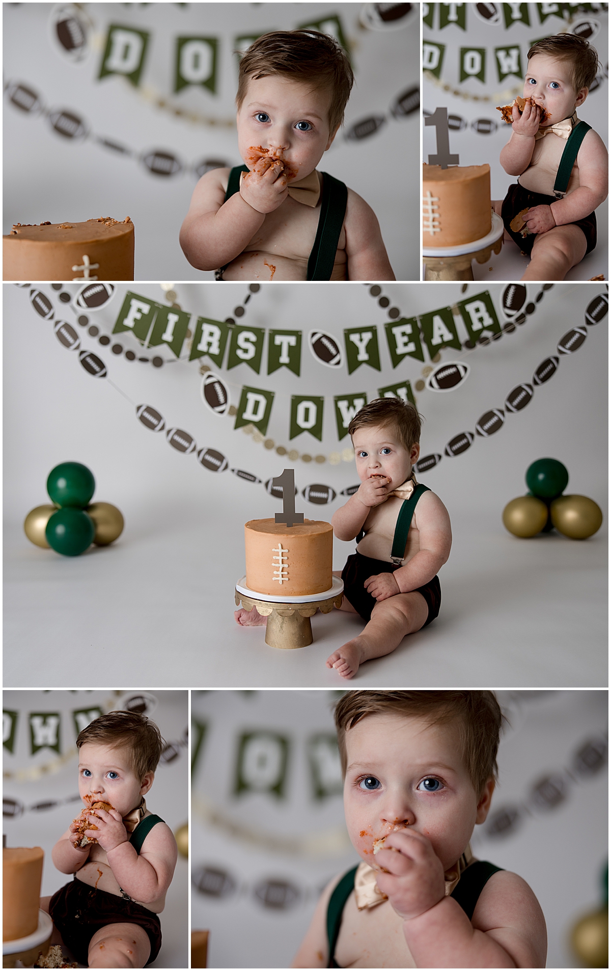 First Year Down 1st birthday cake smash session - Green and Brown football theme