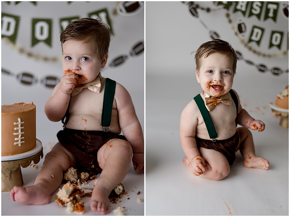 1st birthday cake smash session - green and brown - 1st year down