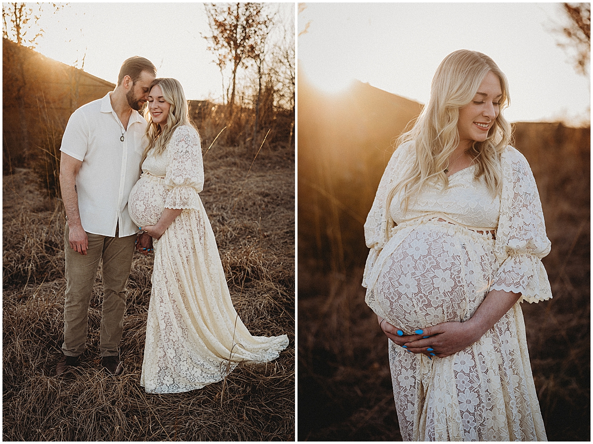 Boho maternity session with first-time parents at sunset. Flowing dress, natural light, and outdoor setting in Indianapolis.