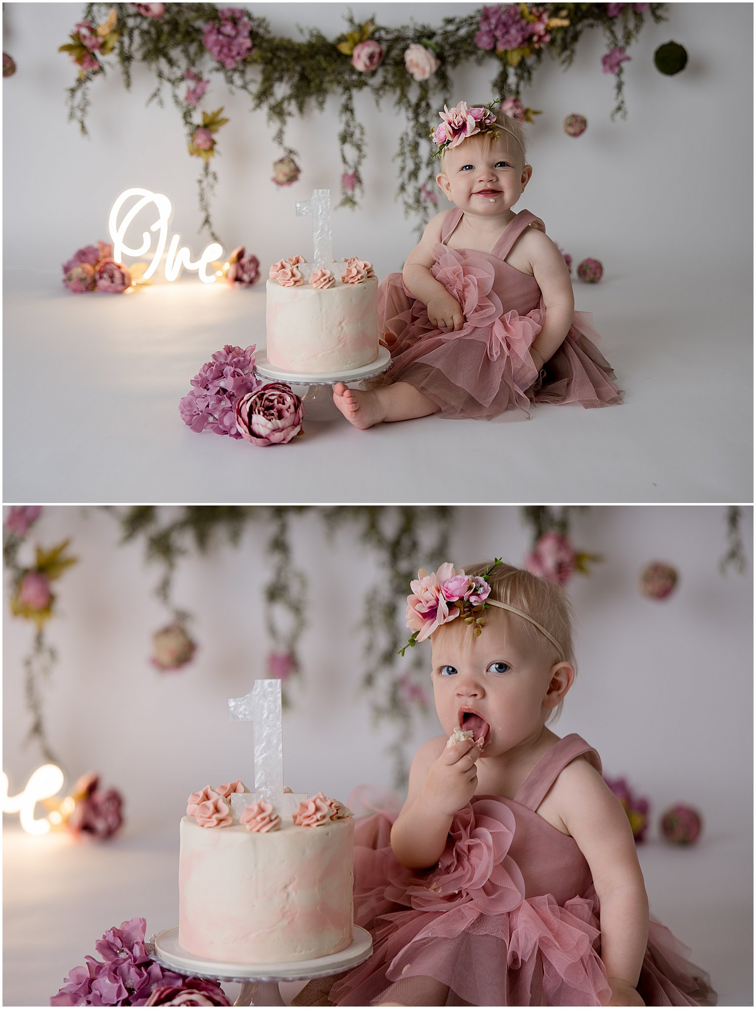Zionsville cake smash photographer captures baby smiling during first birthday session