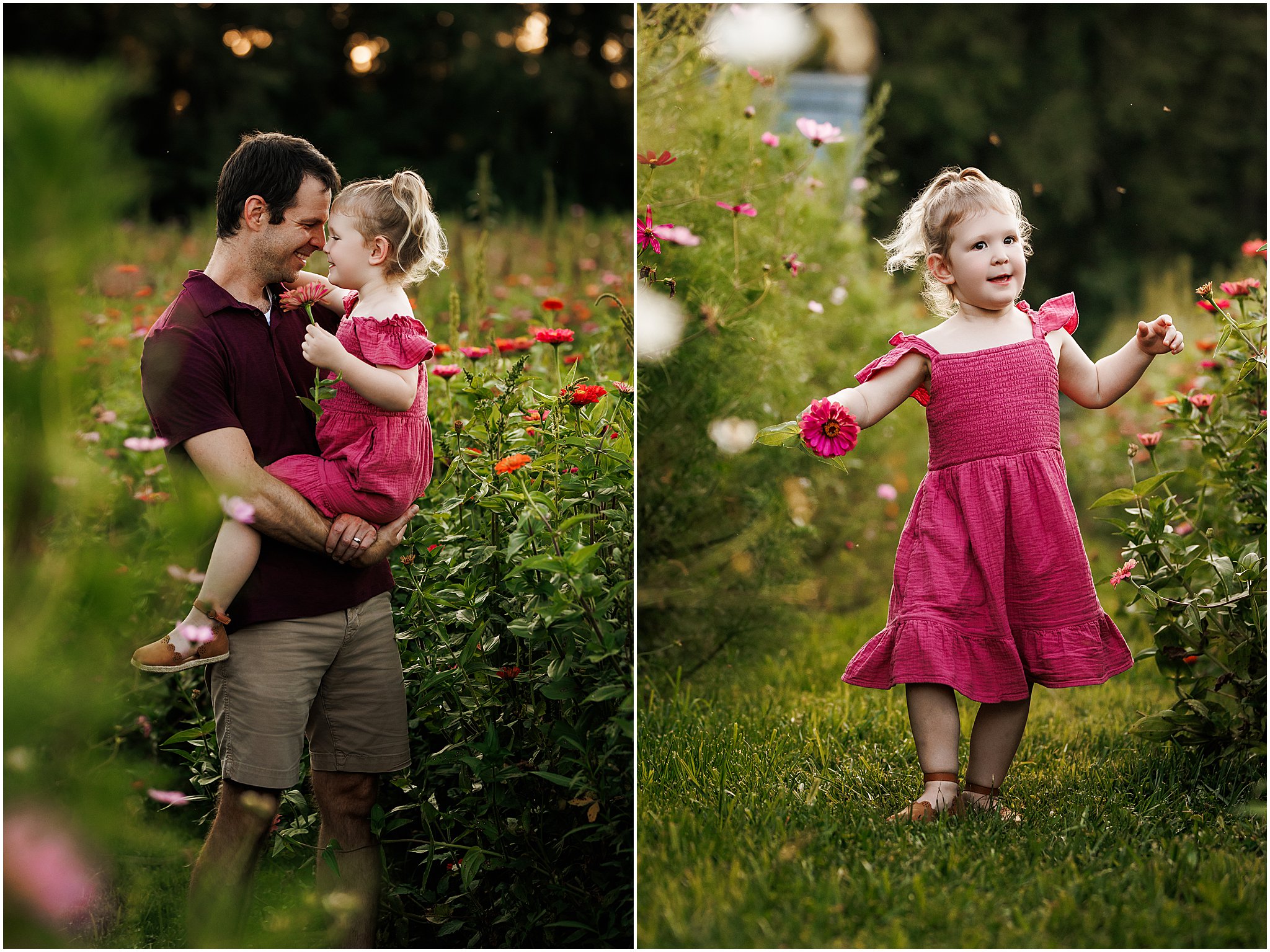 dad and daughter in wildflower field during maternity photography session