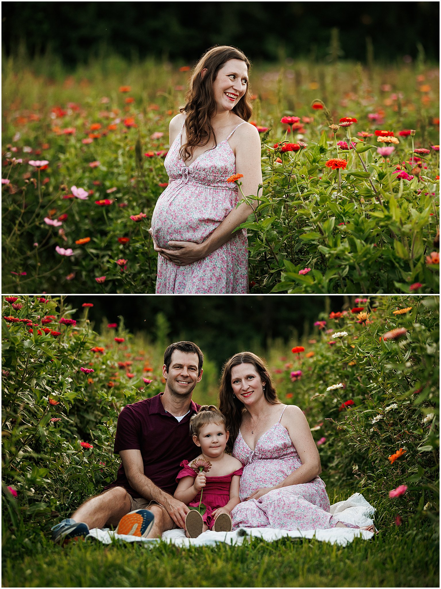 Wildflower maternity photography at Dull’s Tree Farm in Indianapolis, perfect for celebrating pregnancy in a natural, colorful setting.