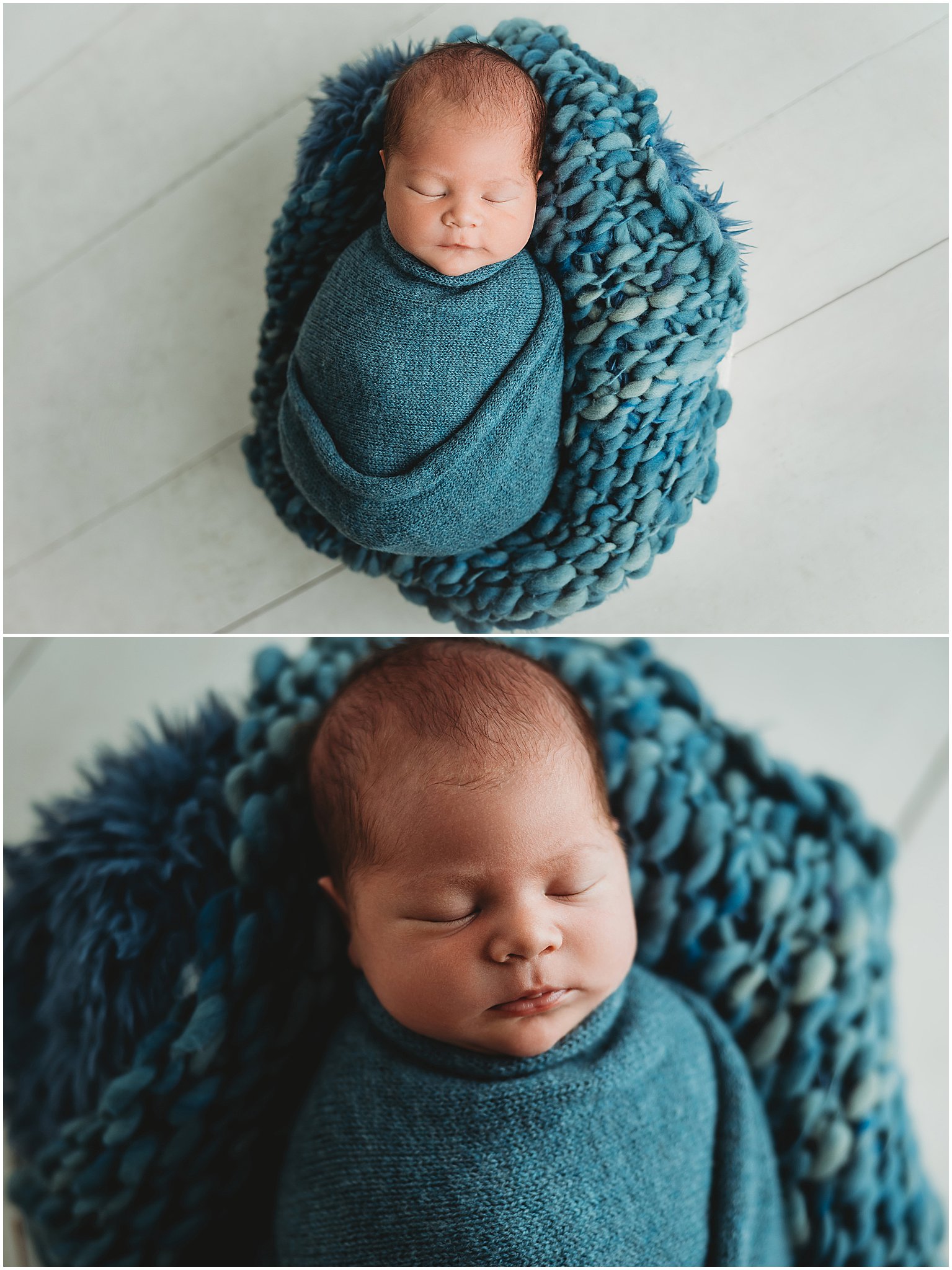 Baby sleeping soundly in a cozy blue wrap during an Indianapolis newborn photography session.