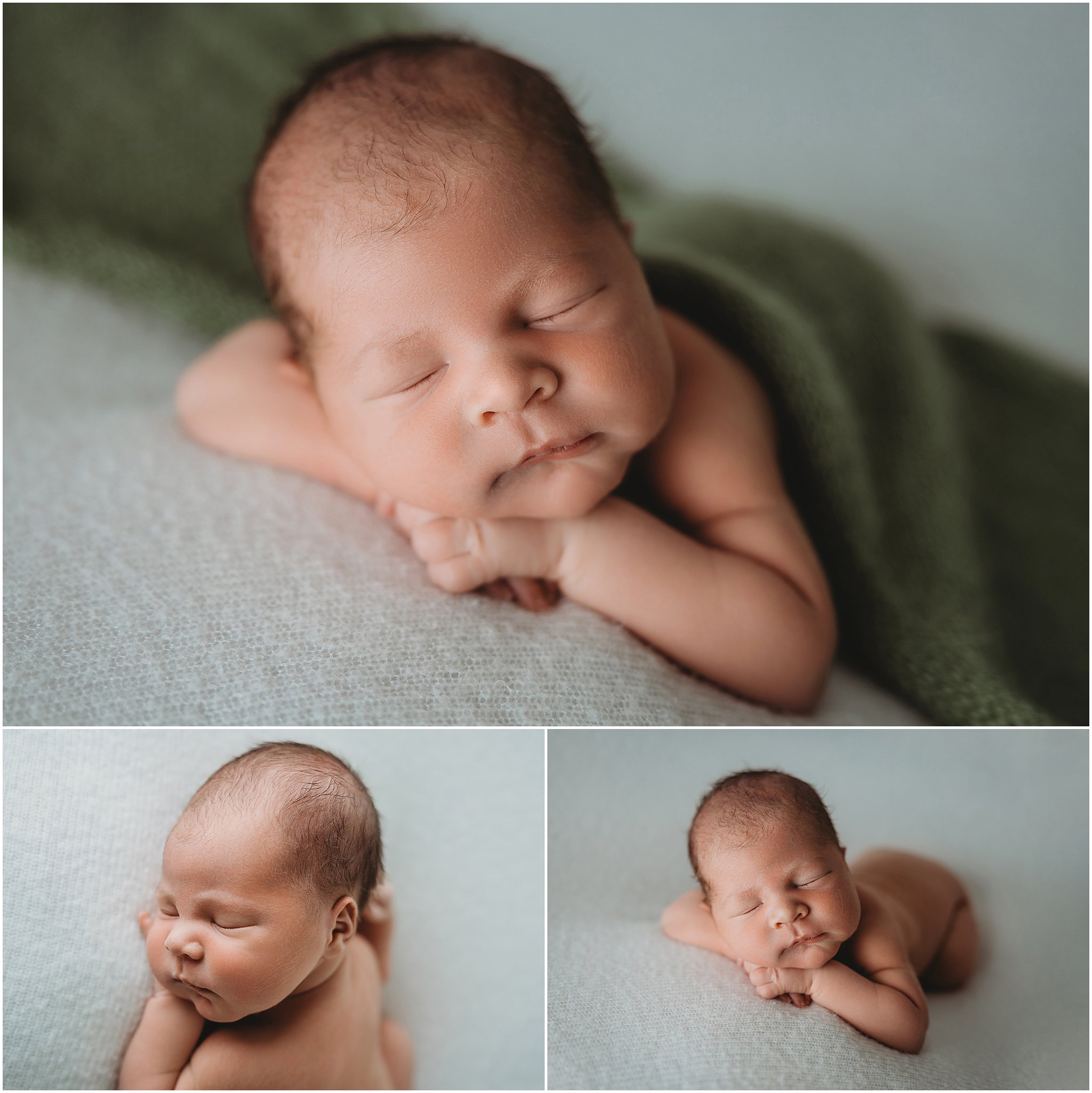 sleeping newborn baby boy with wrap on neutral backdrop