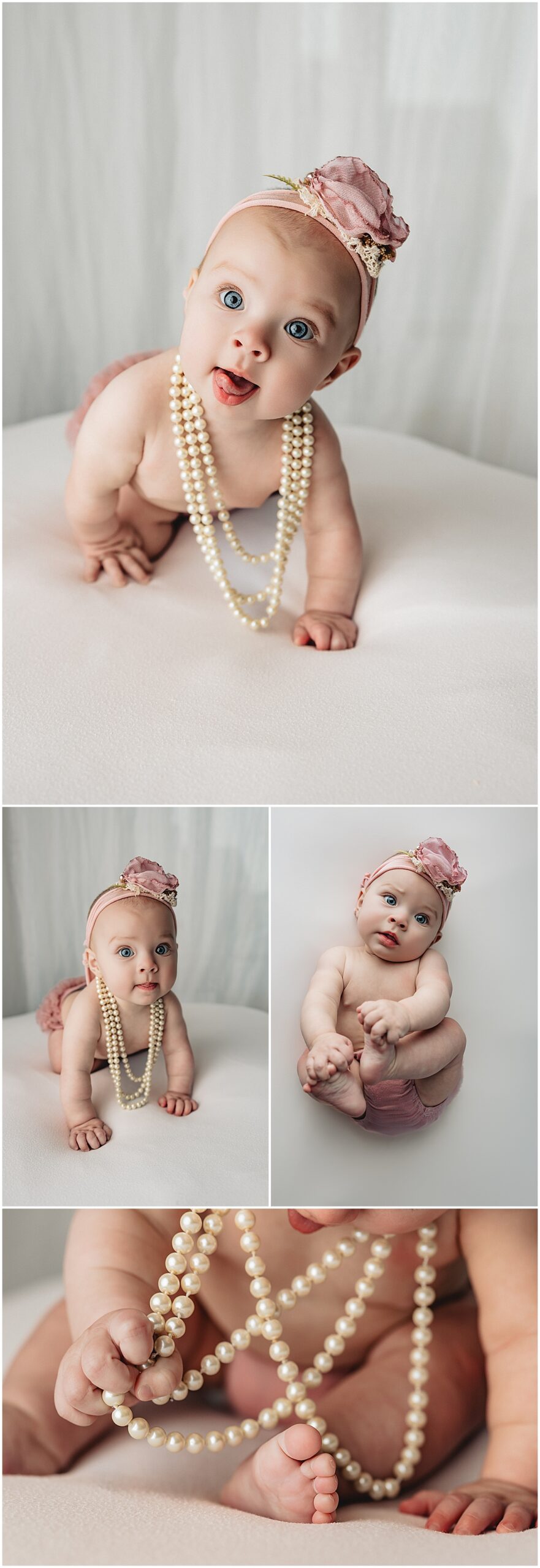 Baby sitting up alone on white backdrop in KristeenMarie Photography studio