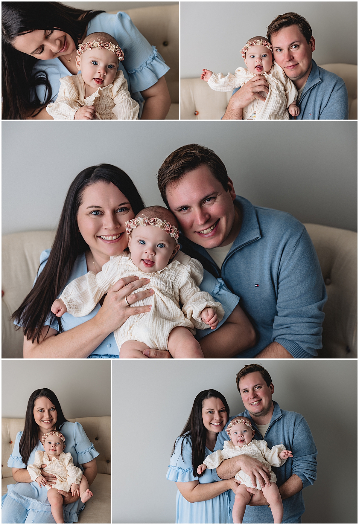 Mom, Dad and baby laughing together during sitter session at Indianapolis photography studio