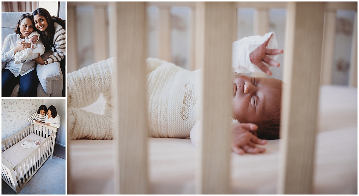 Newborn in crib in beautifully decorated nursery