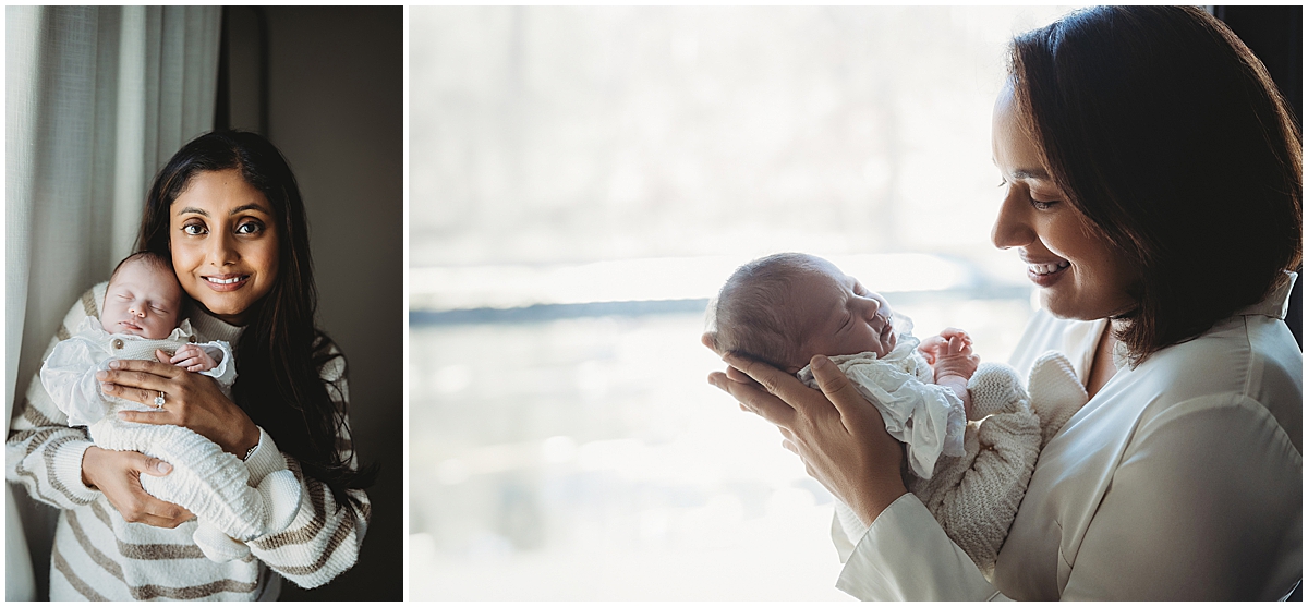 Newborn photos taken in a Zionsville home with natural window light of two moms