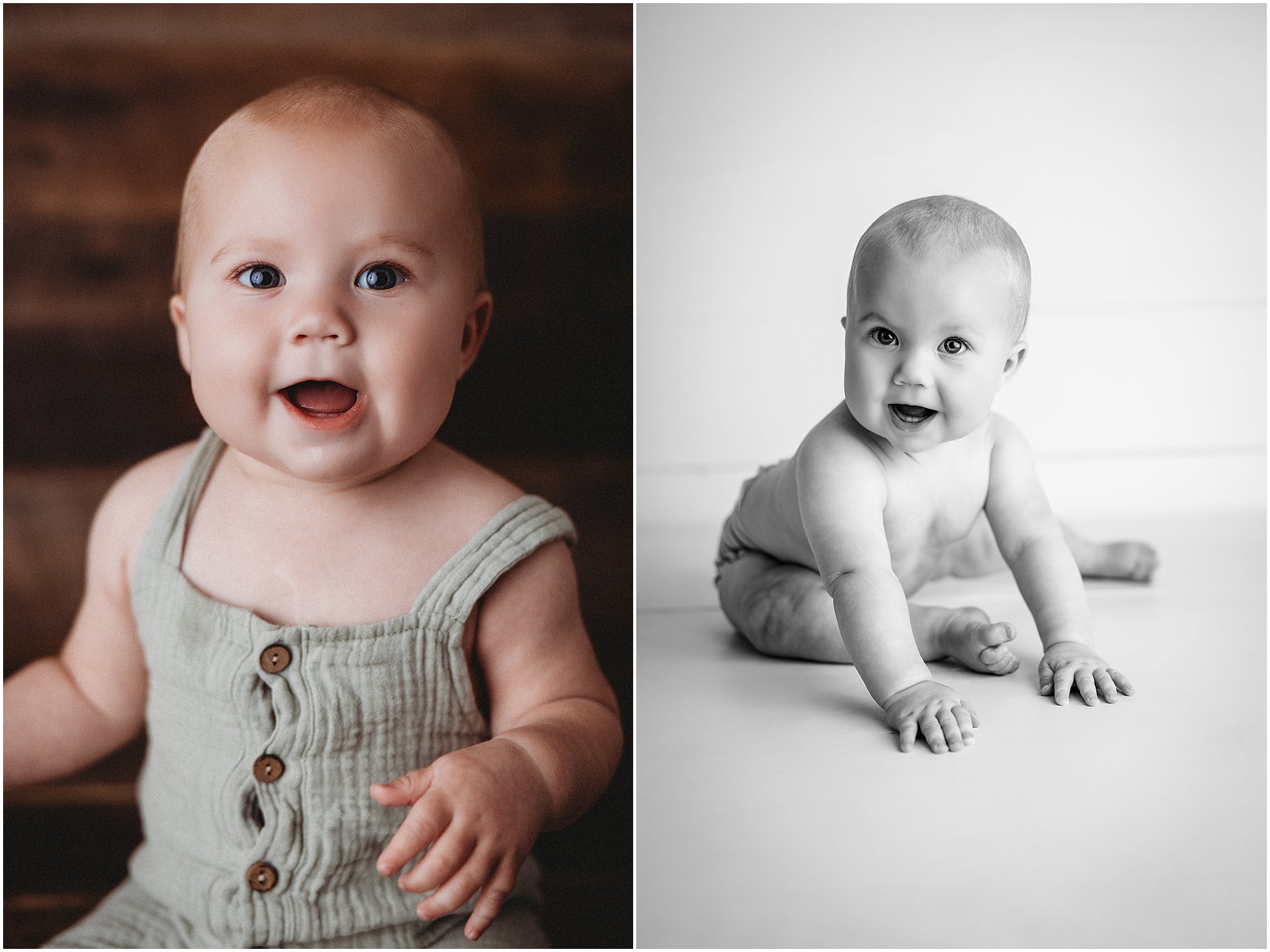 Smiling baby crawling on white backdrop during Indianapolis baby milestone photographer session