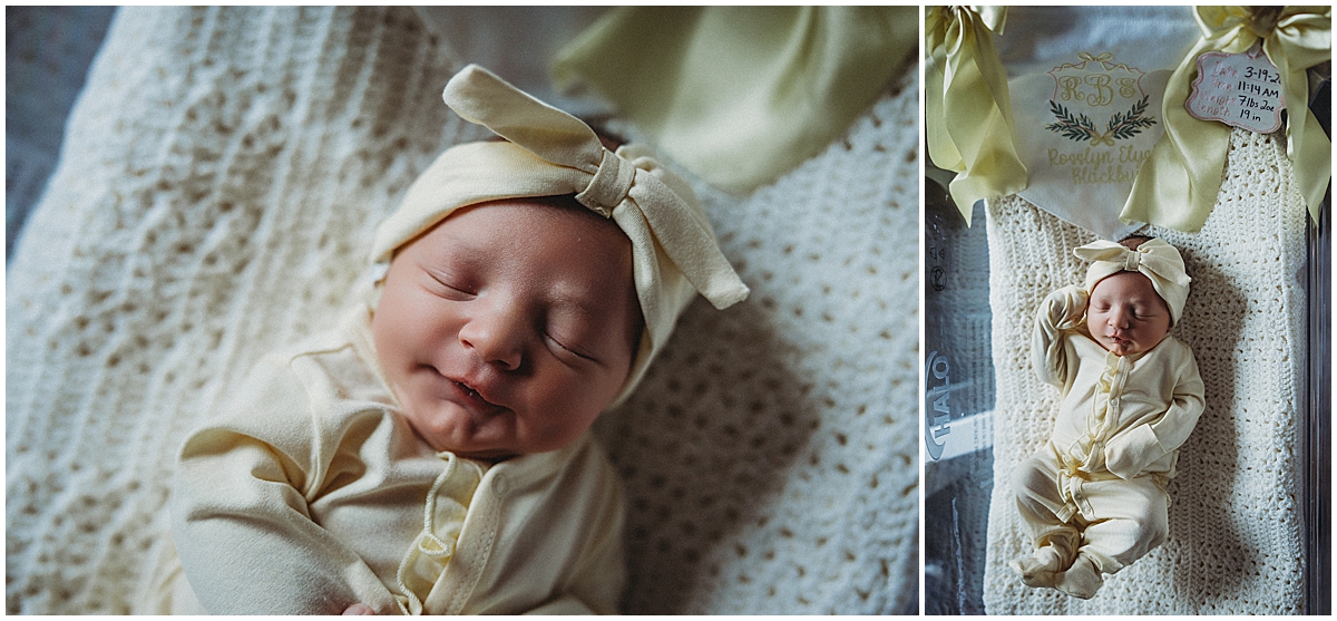 newborn baby girl smiling in hospital bassinet Riley Hospital fresh 48 Indianapolis