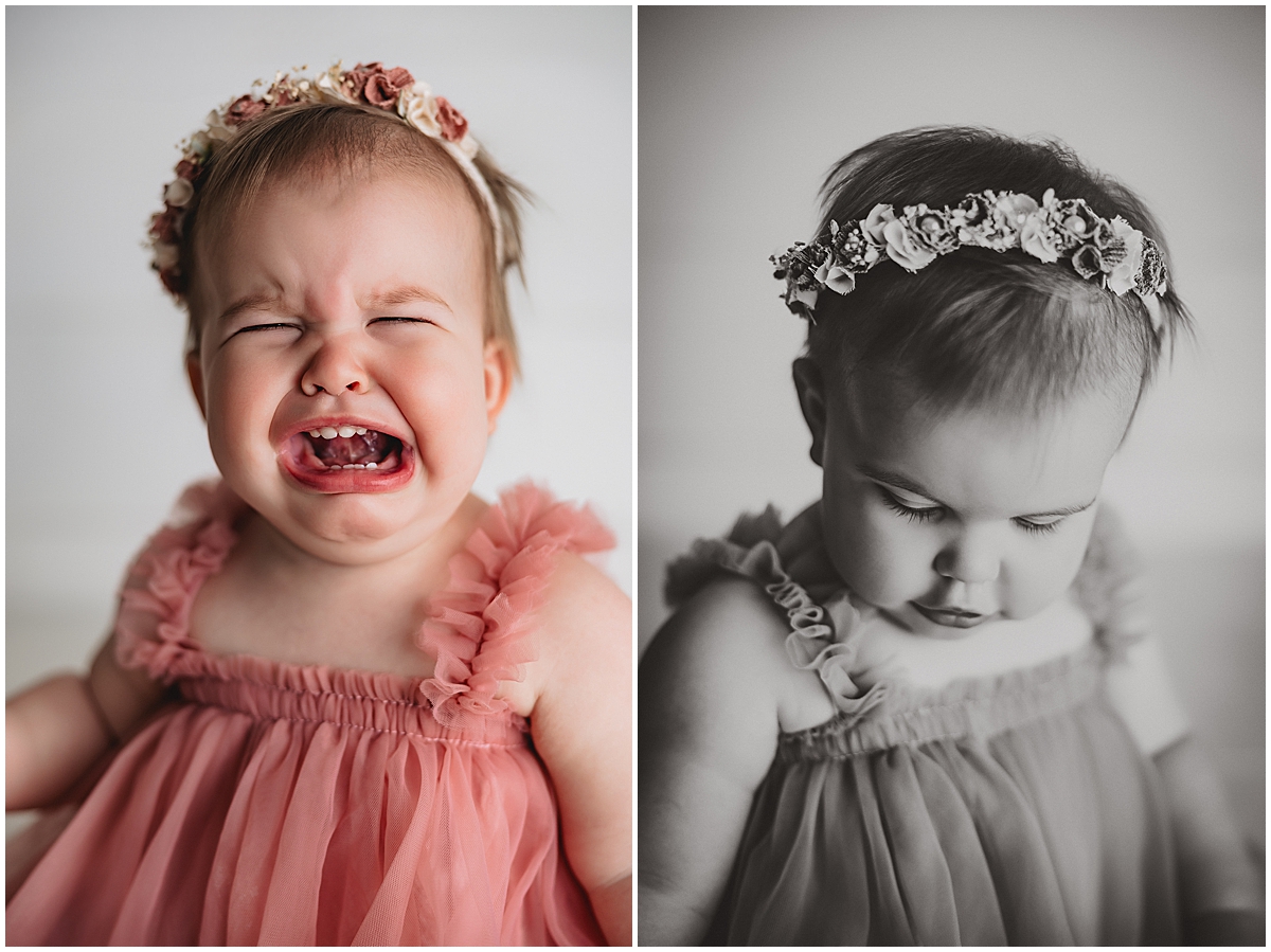 Zionsville child photographer baby girl crying during milestone session showing real expressions