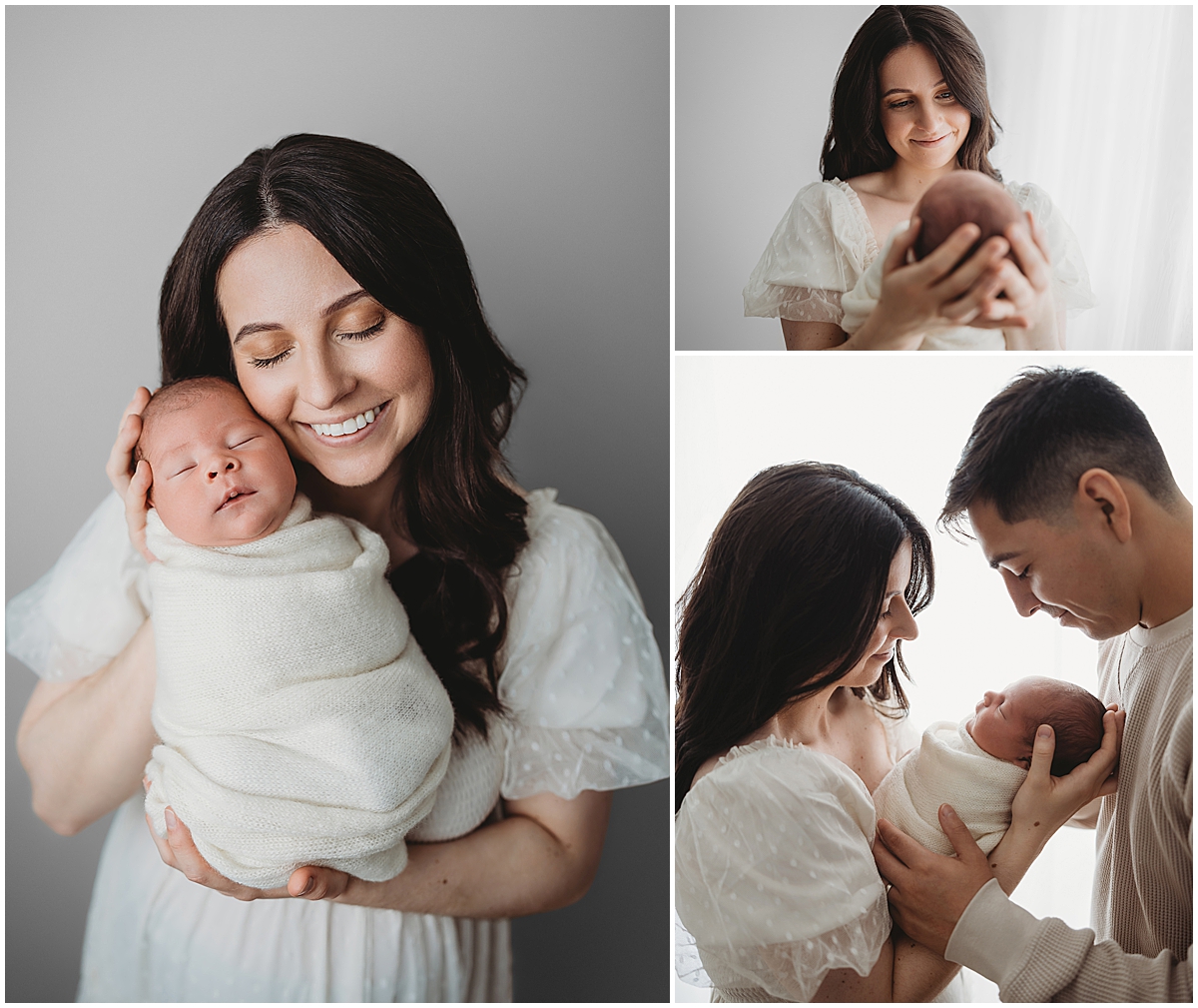 Neutral newborn family portraits with mom, dad, and baby during Indianapolis newborn photography session.