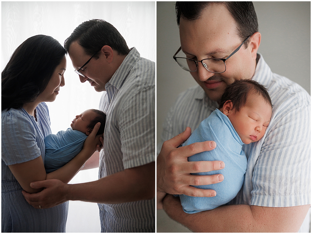 Mom and dad holding their newborn baby boy during Indianapolis newborn family photography session