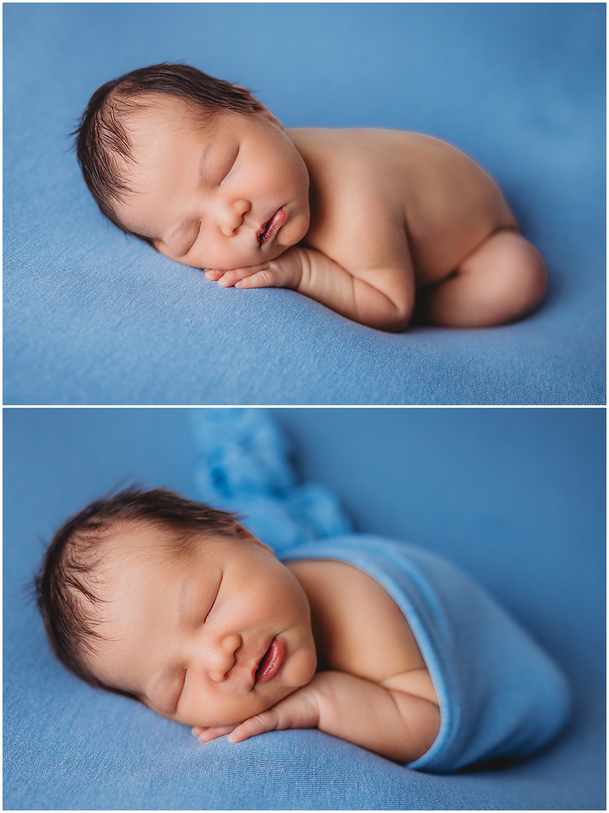 newborn boy on blue sleeping for pictures in studio