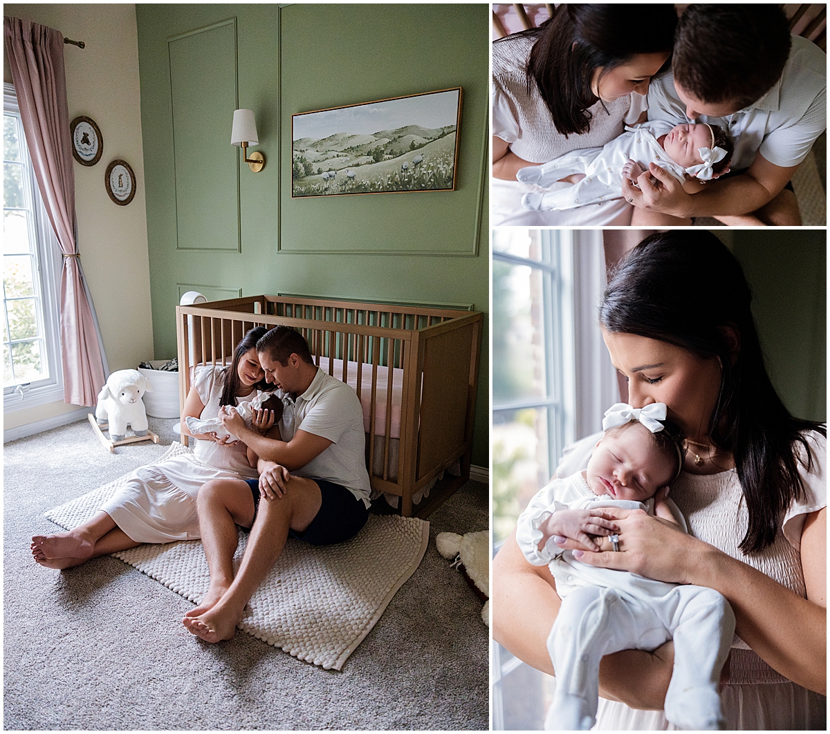 Parents cuddle their newborn beside the crib during an in-home session.