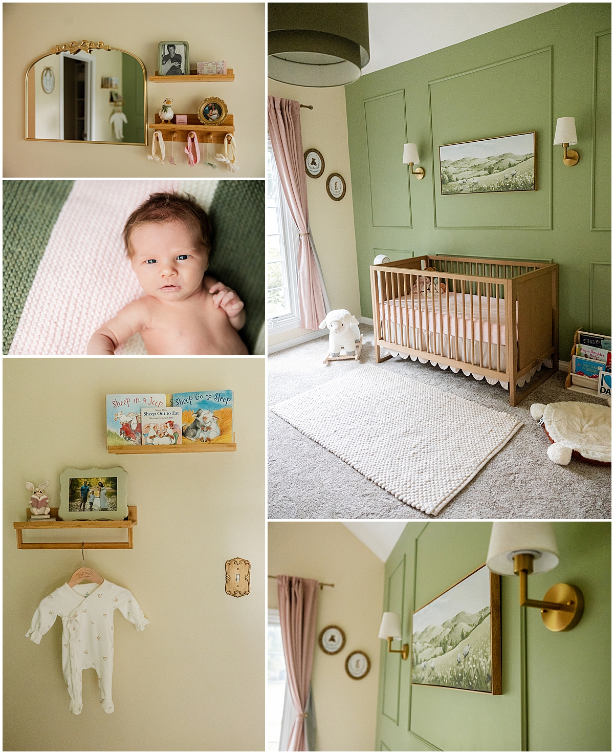 Green newborn nursery with a wooden crib, books, shelves, and brass lights.