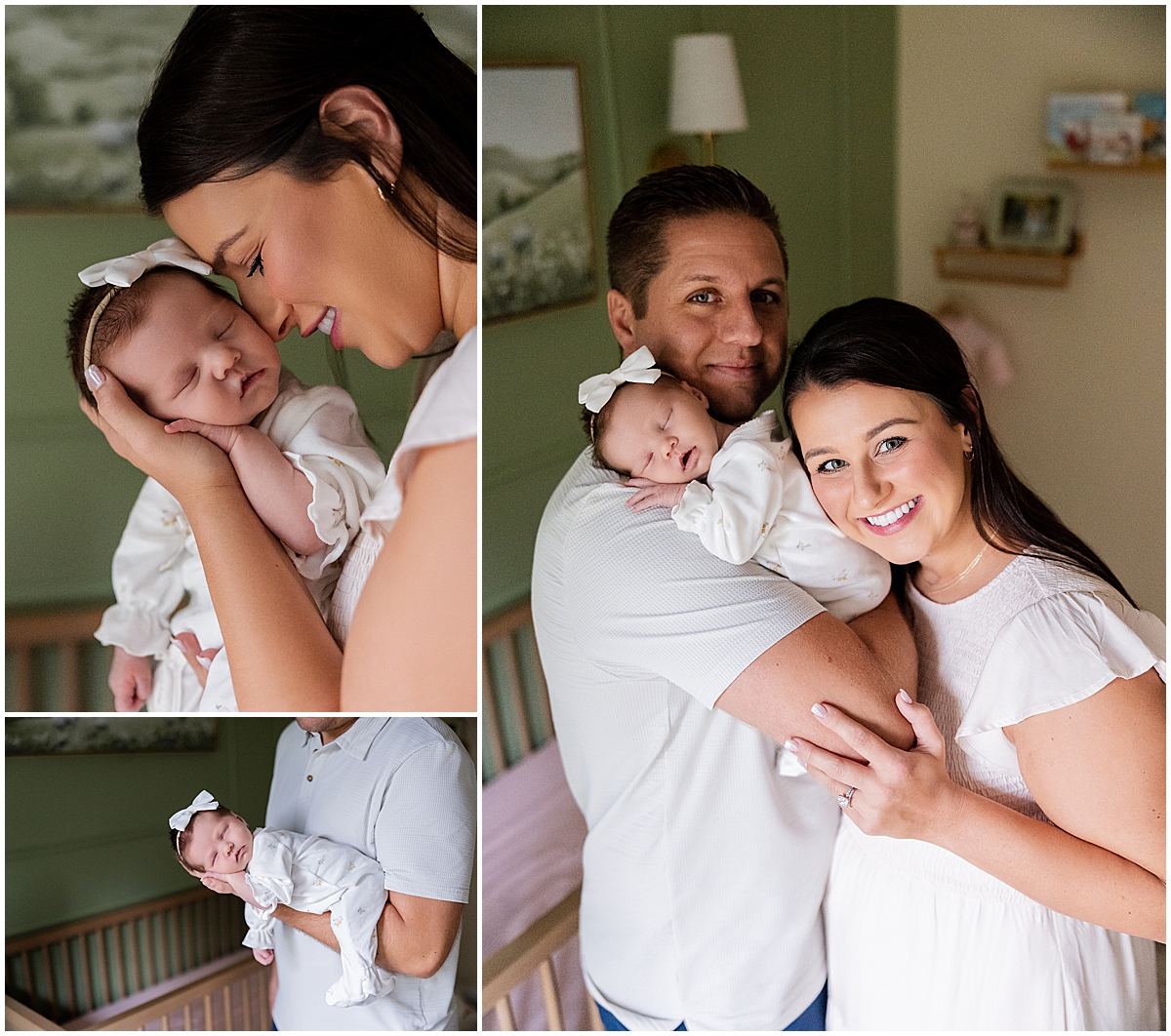 Parents hold their sleeping newborn girl together in her green nursery.