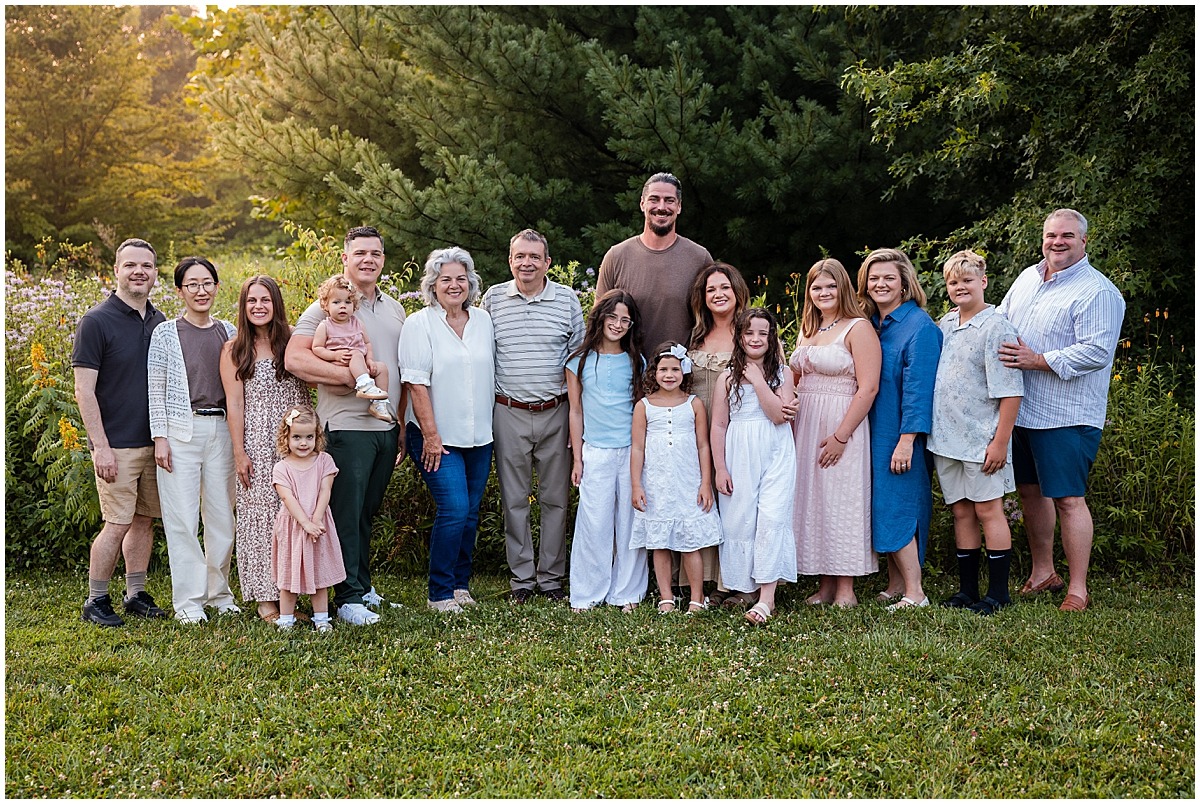 Extended family of 18 gathered for sunrise photos at MacGregor Park in Westfield, Indiana.