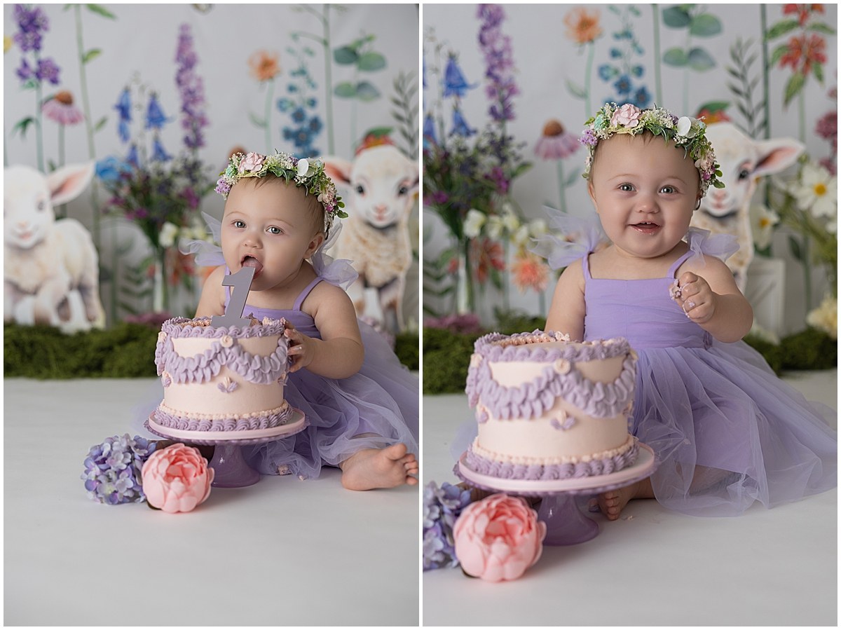 Two portraits of a birthday girl exploring cake frosting while wearing a purple dress and floral crown.