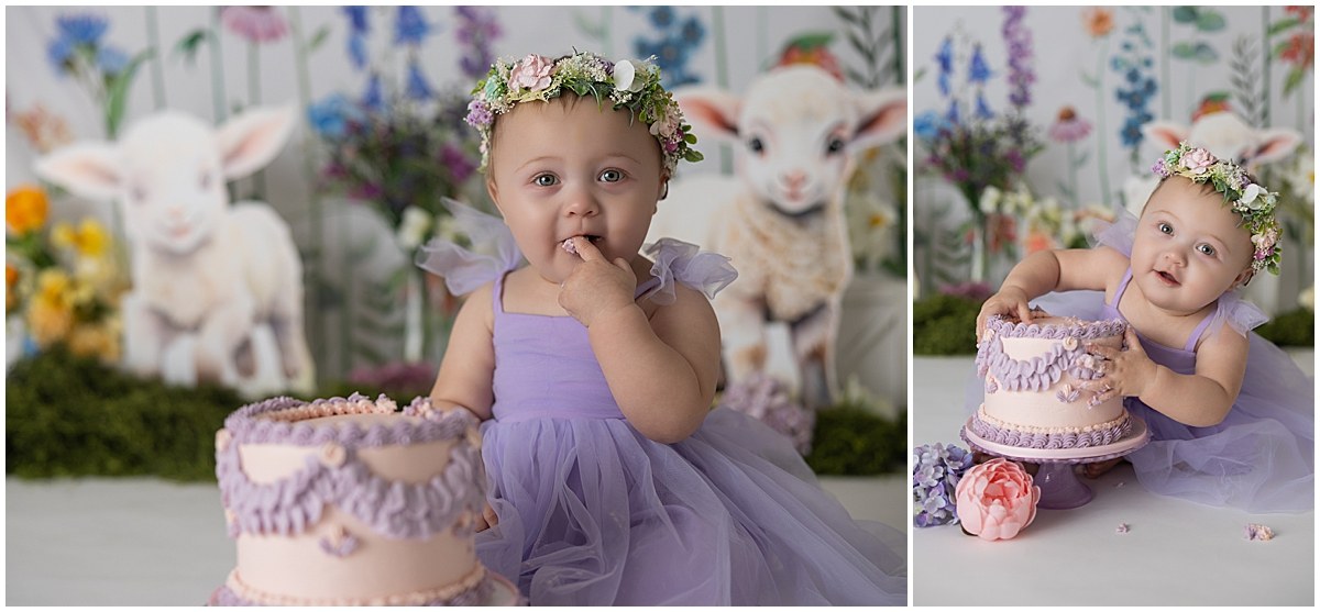 Birthday girl tasting frosting and leaning toward her cake during a purple floral cake smash.