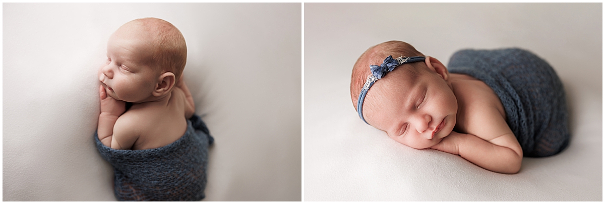 Two individual newborn portraits showing each twin resting in a blue knit wrap.