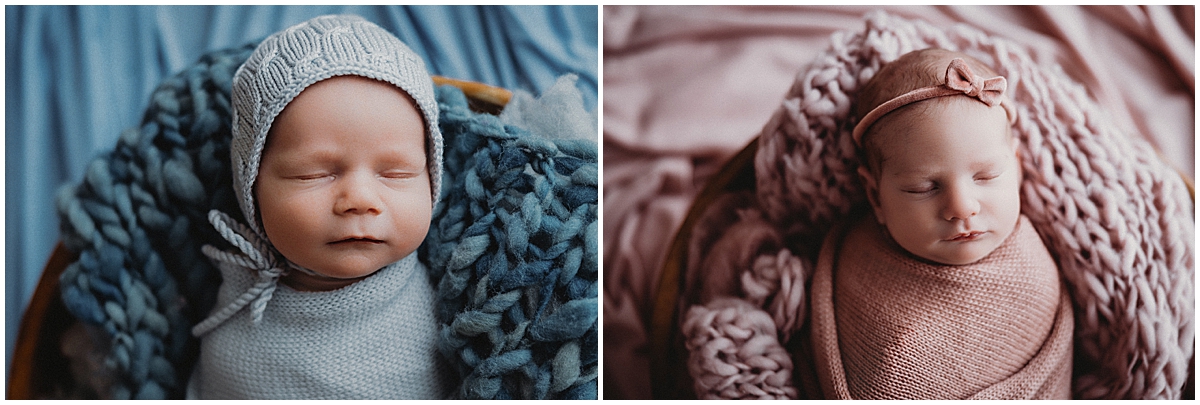 Paired individual portraits of twins wrapped in blue and blush among textured knit blankets.