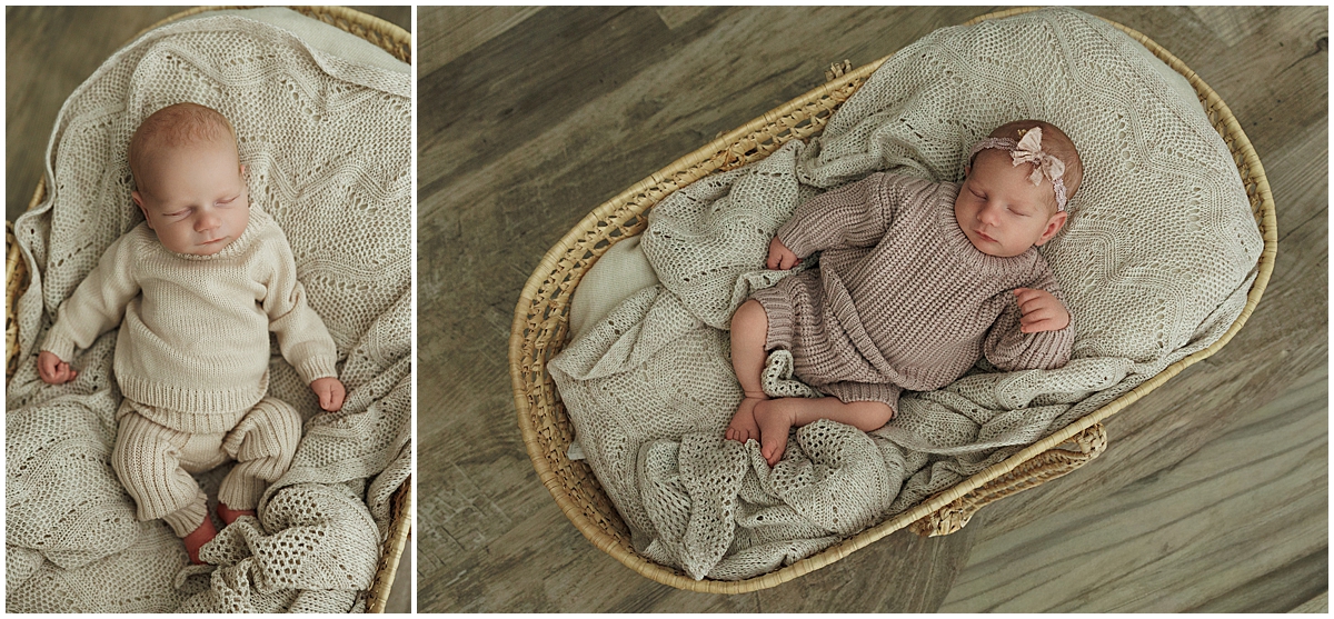 Two individual portraits of newborn twins wearing cream and taupe knit outfits in a woven basket.