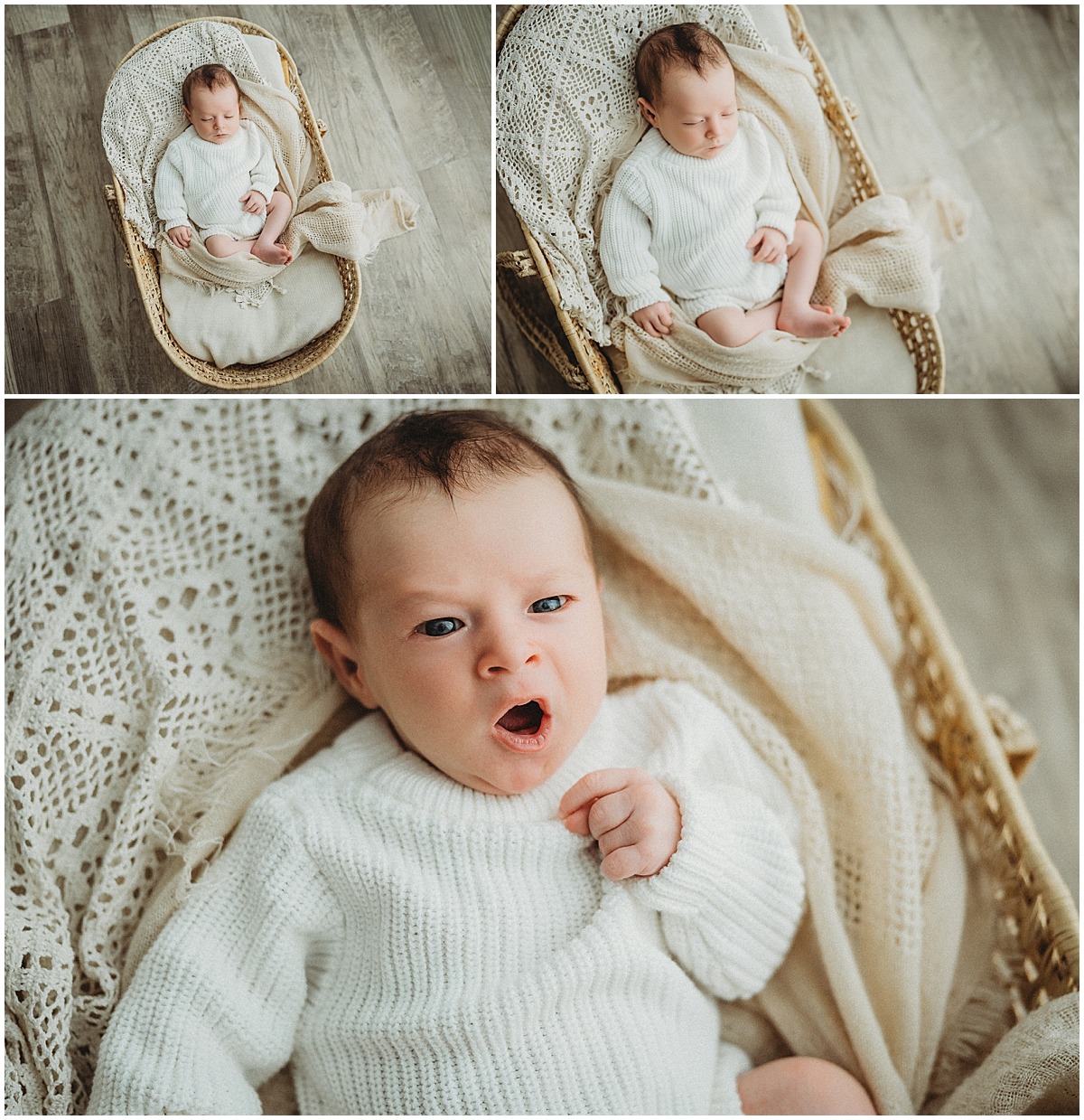 Three-image collage of a newborn resting in a woven basket during an Indianapolis newborn session.