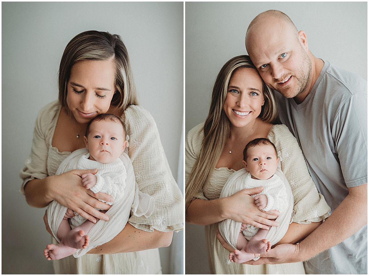 Two-image collage of a mother and parents holding their newborn during an Indianapolis studio session.