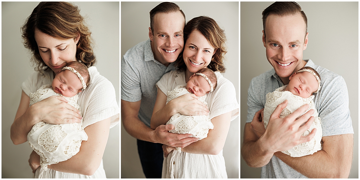 Three studio portraits show a newborn baby with her mother, father, and both parents