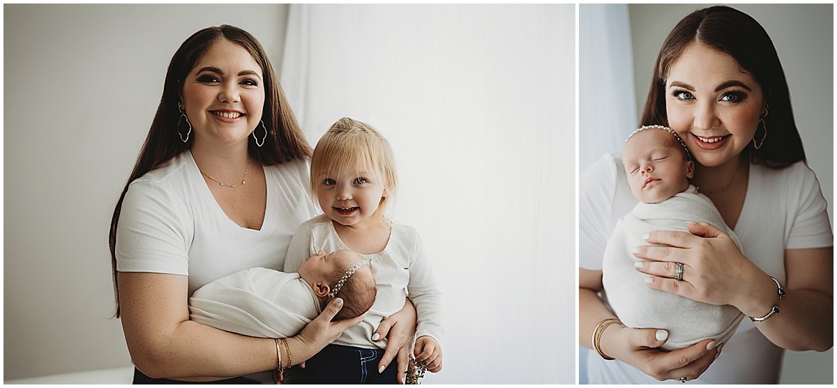 Mother holding her newborn beside her older daughter, paired with a mother and baby portrait.
