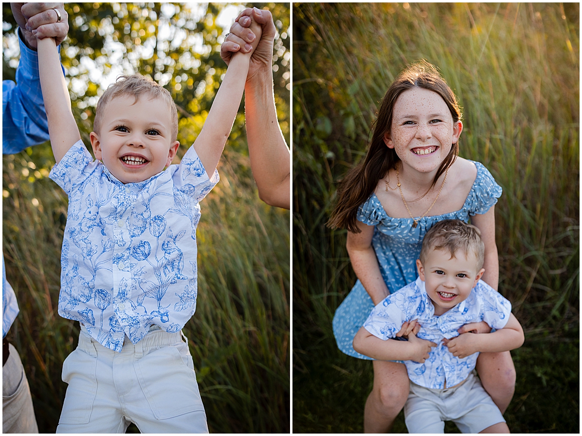 Two portraits show a joyful toddler holding grown-ups’ hands and sitting with his older sister.