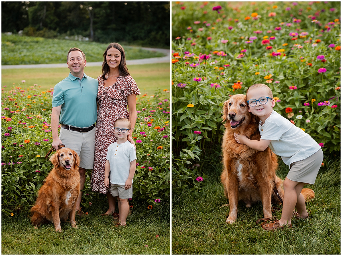 Family portrait with a golden dog alongside a boy hugging the dog among flowers.