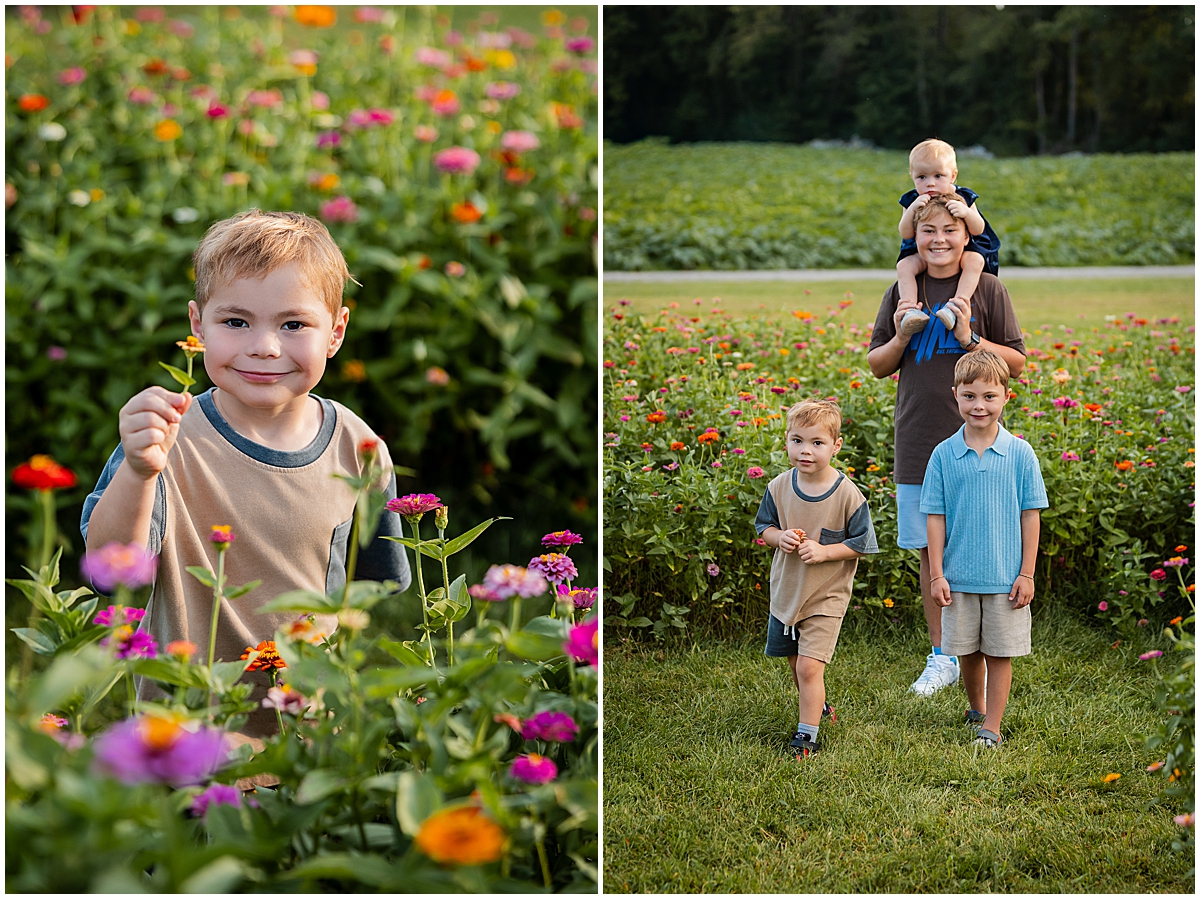 Boy holding a flower alongside a portrait of four children, with the youngest on the oldest child’s shoulders.