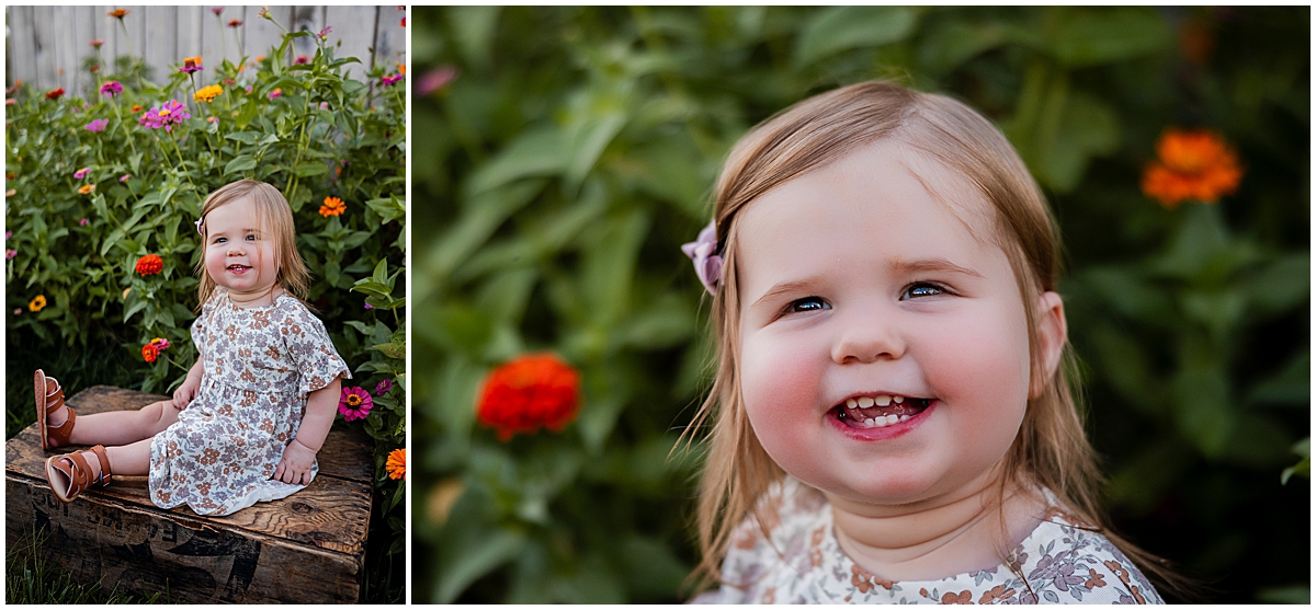 Two portraits of a smiling toddler in a floral dress beside bright flowers.