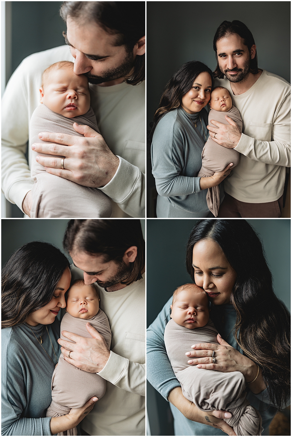 Four portraits of parents cuddling their newborn in a soft taupe wrap